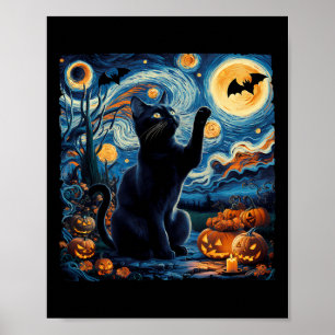 Halloween Van Gogh' Starry Night Black Cat Pumpkin Poster