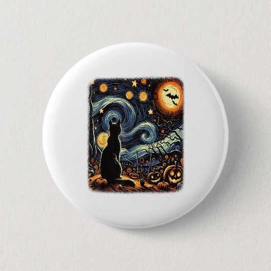 Halloween Van Gogh Starry Night Black Cat Pumpkins Button (Vorderseite)