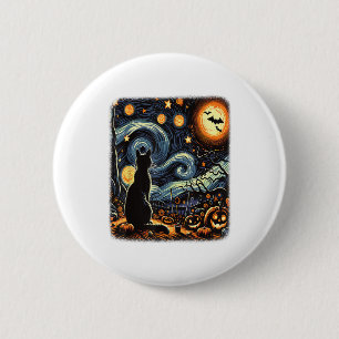 Halloween Van Gogh Starry Night Black Cat Pumpkins Button