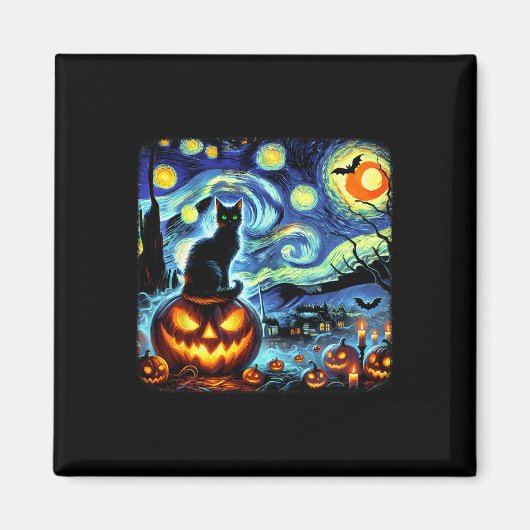 Halloween Van Gogh Starry Night Black Cat Pumpkins Magnet (Vorne)