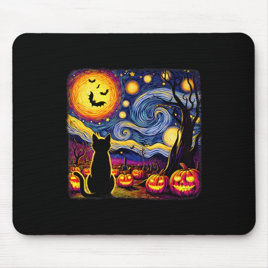 Halloween Van Gogh Starry Night Black Cat Pumpkins Mousepad (Vorne)