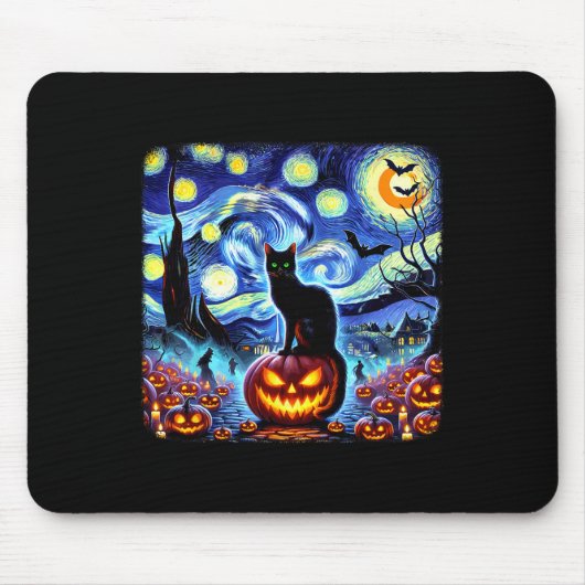 Halloween Van Gogh Starry Night Black Cat Pumpkins Mousepad (Vorne)