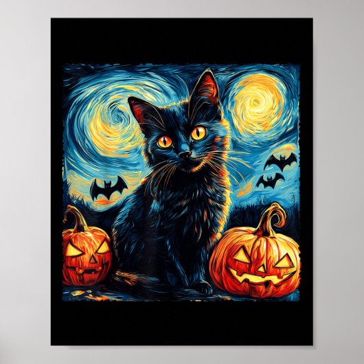 Halloween Van Gogh Starry Night Black Cat Pumpkins Poster (Vorne)