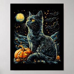 Halloween Van Gogh Starry Night Black Cat Pumpkins Poster