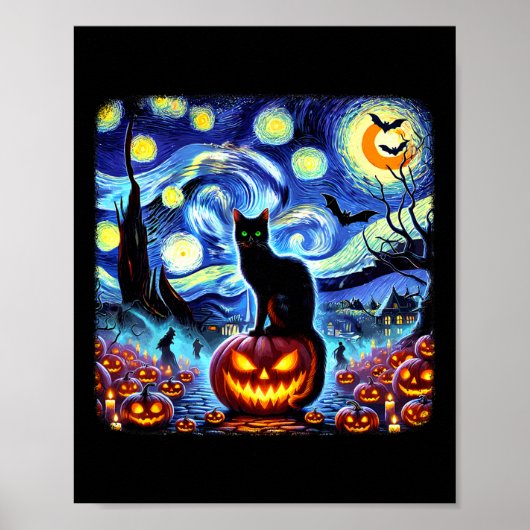 Halloween Van Gogh Starry Night Black Cat Pumpkins Poster (Vorne)