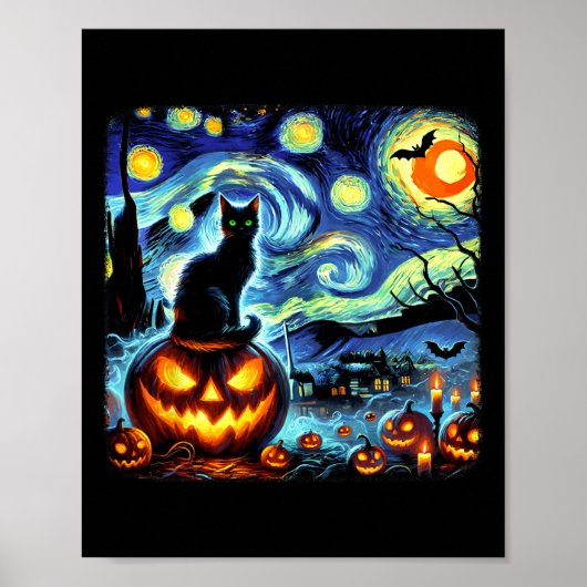 Halloween Van Gogh Starry Night Black Cat Pumpkins Poster (Vorne)