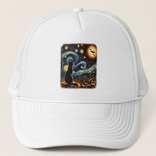 Halloween Van Gogh Starry Night Black Cat Pumpkins Truckerkappe (Vorderseite)