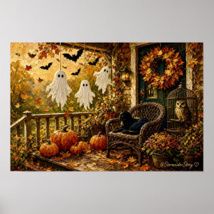 Halloween-Veranda-Eule-Schwarze-Katze-Wandkunst-Dr Poster