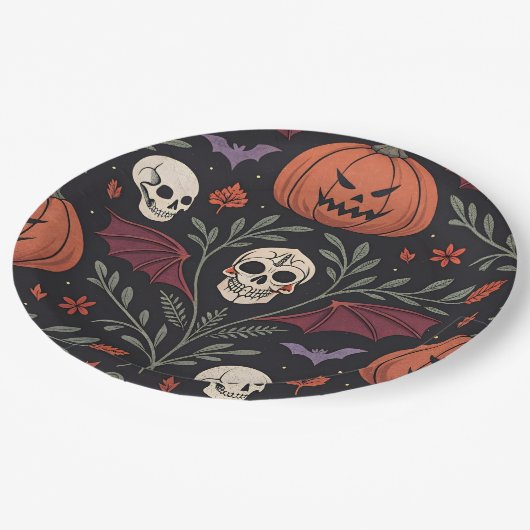 Halloween Vibes Pattern Pappteller (Schrägansicht)