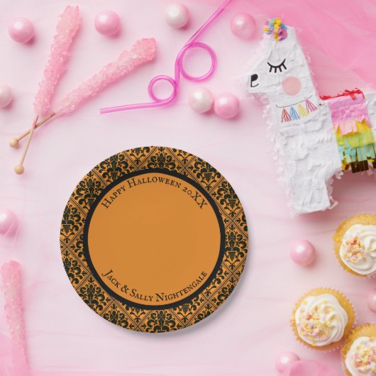 Halloween Viktorianisch Brocade Damask Black on Or Pappteller (Party)
