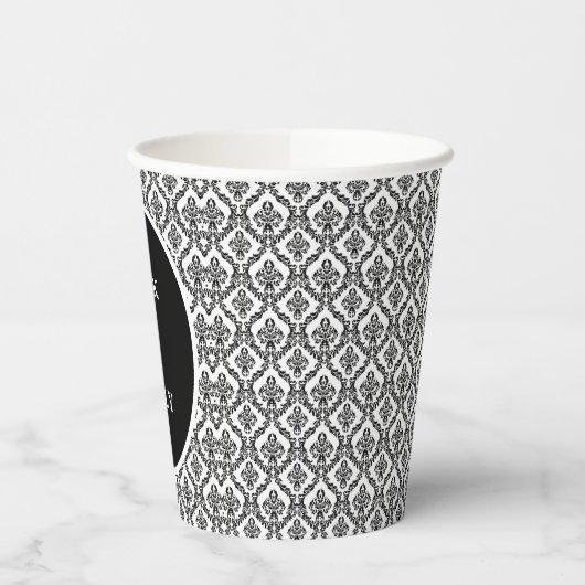 Halloween Viktorianisch Damask Brocade Black on Wh Pappbecher (Links)