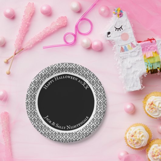 Halloween Viktorianisch Damask Brocade Black on Wh Pappteller (Party)