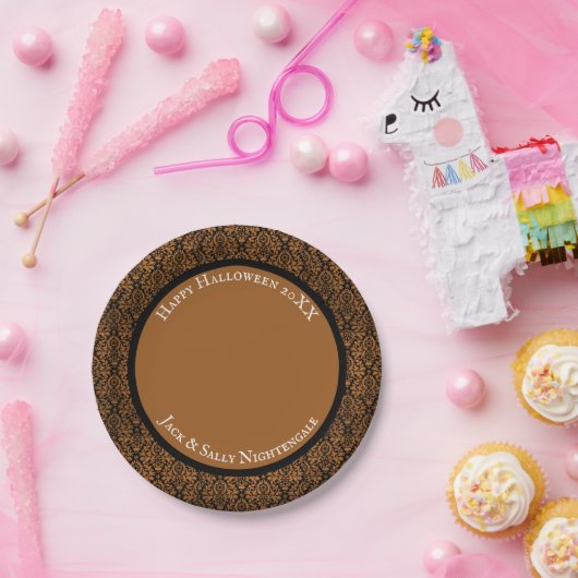 Halloween Viktorianischer Orangenschwarzer Damast Pappteller (Party)