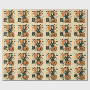 Halloween Vintag Hexe auf Pumpkin Bats Cauldron Geschenkpapier
