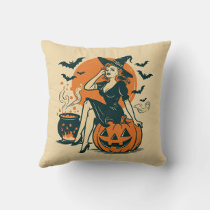 Halloween Vintag Hexe auf Pumpkin Bats Cauldron Kissen