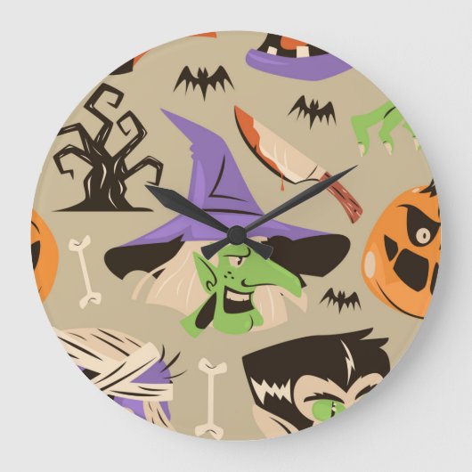 Halloween Vintag Pattern Große Uhr (Vorderseite)