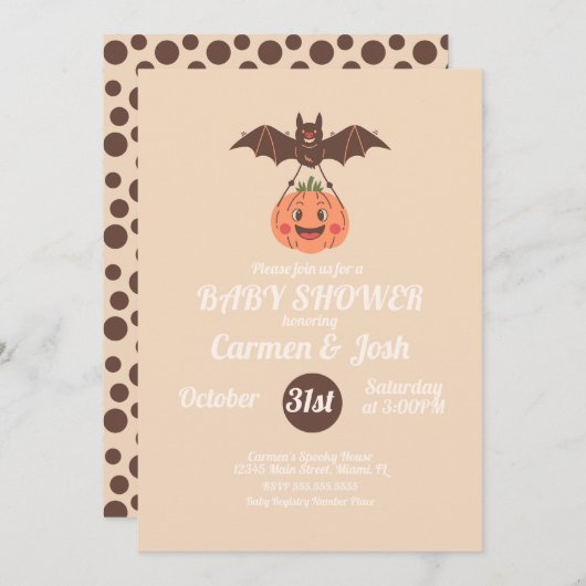 Halloween Vintag Pumpkin Bat Retro Babydusche Einladung (Vorne/Hinten)
