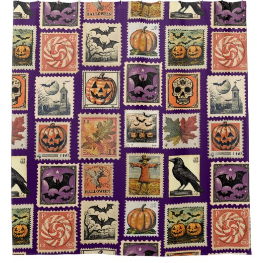 Halloween Vintage Briefmarken Muster Duschvorhang (Vorderseite)