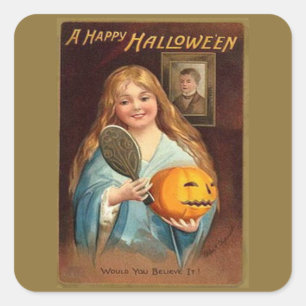 Halloween Vintage Dame mit Spiegel) Quadratischer Aufkleber