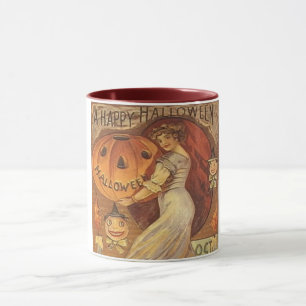 Halloween-Vintage-Frau und Jack-o-Lantern-Kaffee Tasse