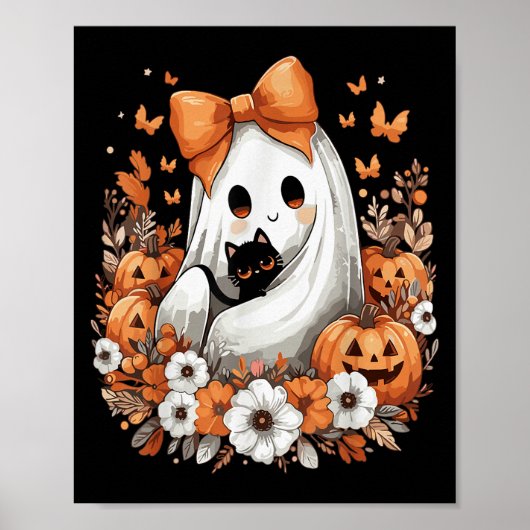 Halloween Vintage-Geist mit schwarzer Katze Kürbis Poster (Vorne)