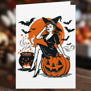 Halloween Vintage-Hexe auf Kürbis-Fledermäusen-Kes Karte