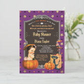 Halloween Vintage Mädchendusche lila Gold Einladung (Stehend Vorderseite)