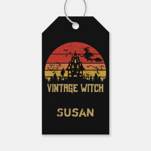 Halloween Vintager HexenRetro-Sonnenuntergang Geschenkanhänger (Vorderseite)