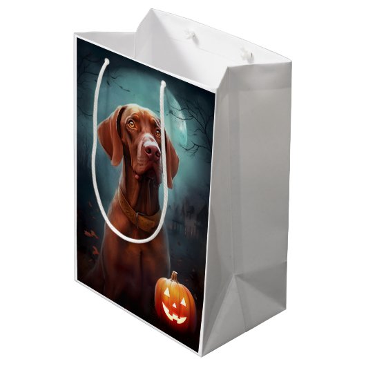 Halloween Vizsla mit Pumpkins Beängstigend Mittlere Geschenktüte (Rückseite Schrägansicht)