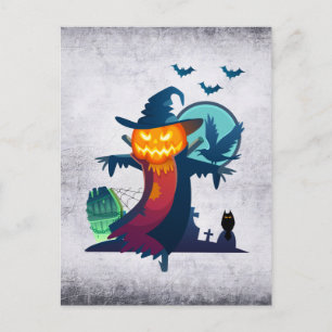 Halloween-Vogelscheuche mit Fledermäusen, Krähe un Postkarte