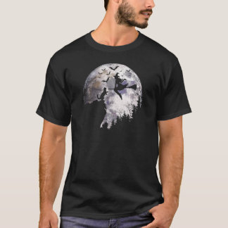 Halloween Vollmond Katze Auf einer Klippe Hexe Fli T-Shirt