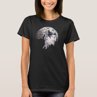 Halloween Vollmond Katze Auf Einer Klippe Hexe Fli T-Shirt