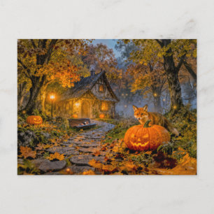 Halloween-Waldhäuschen mit Fuchs Postkarte