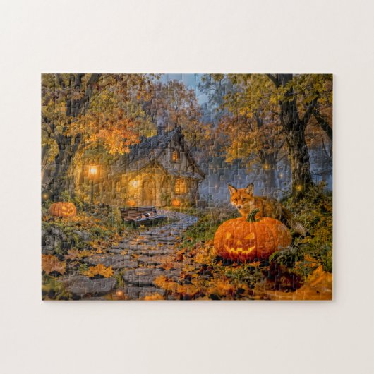 Halloween-Waldhäuschen mit Fuchs Puzzle (Horizontal)