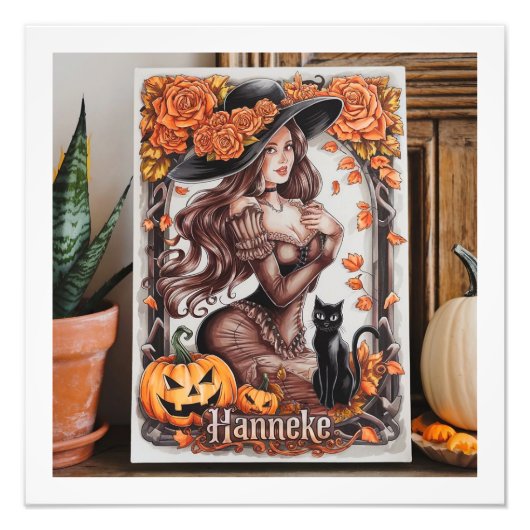 Halloween Wall Art: Frau mit schwarzem Hut und Ora Fotodruck (Vorne)