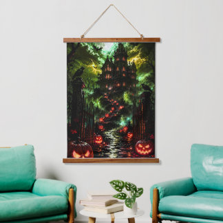 Halloween Wandteppich Schloss gruselig Mit Holzrahmen