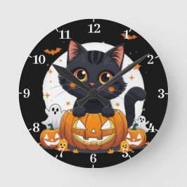 Halloween-Wanduhr mit süßer Katze Runde Wanduhr