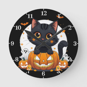 Halloween-Wanduhr mit süßer Katze Runde Wanduhr