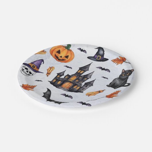 Halloween Wasserfarbe Kürbiskuschelfledermaus Patt Pappteller (Schrägansicht)