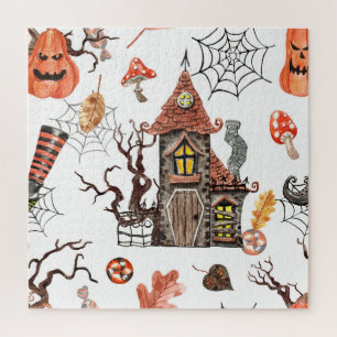 Halloween-Wasserfarbe: Muster eines Spukhauses. Puzzle