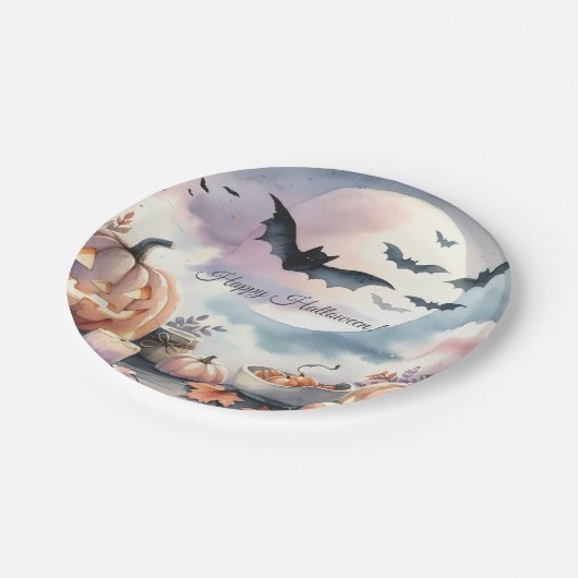 Halloween Wasserfarbe Pappteller (Schrägansicht)