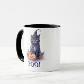 Halloween Wasserfarbe Schwarze Katze mit Kürbis Tasse (Vorderseite Links)