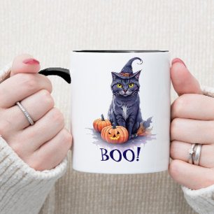 Halloween Wasserfarbe Schwarze Katze mit Kürbis Tasse