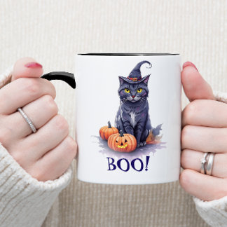 Halloween Wasserfarbe Schwarze Katze mit Kürbis Tasse