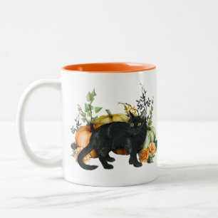 Halloween Wasserfarben Schwarze Katze Kürbis Zweifarbige Tasse