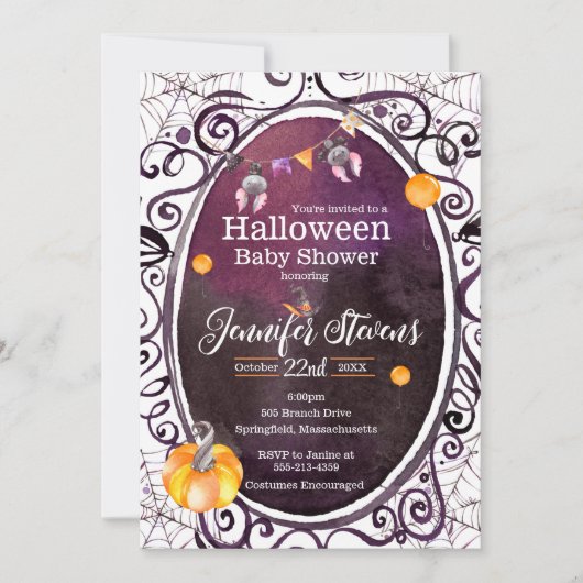 Halloween Watercolor Babydusche Party Einladung (Vorderseite)