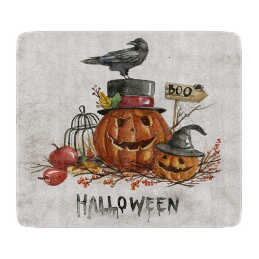 Halloween Watercolor Pumpkin Scene "Boo" Schneidebrett (Vorderseite)