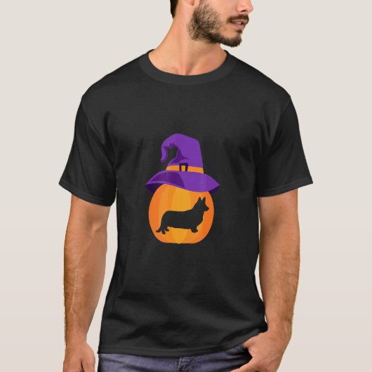 Halloween Welsh Corgi Kürbis Hexenhut T-Shirt (Vorderseite)