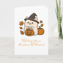Halloween Wenskaart – Pomeranian met Heksenhoed Karte