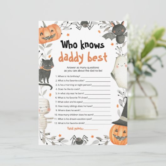 Halloween Wer Daddy Best Baby Shower Game kennt Einladung (Stehend Vorderseite)